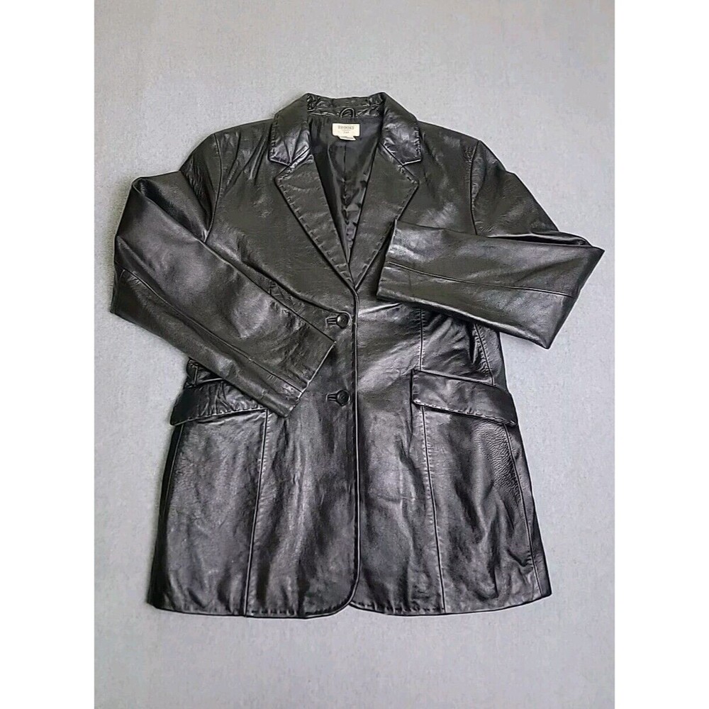 Brooks 346 Leather Jacket Womens 12 Black Two Button Pockets Soft Supple Preppy